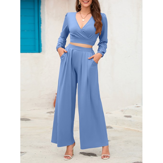 V-neck long sleeved short top wide leg pants set