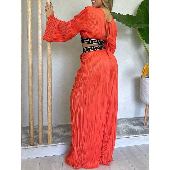 V-neck pleated flare sleeve shirt wide leg pants set