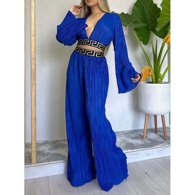 V-neck pleated flare sleeve shirt wide leg pants set