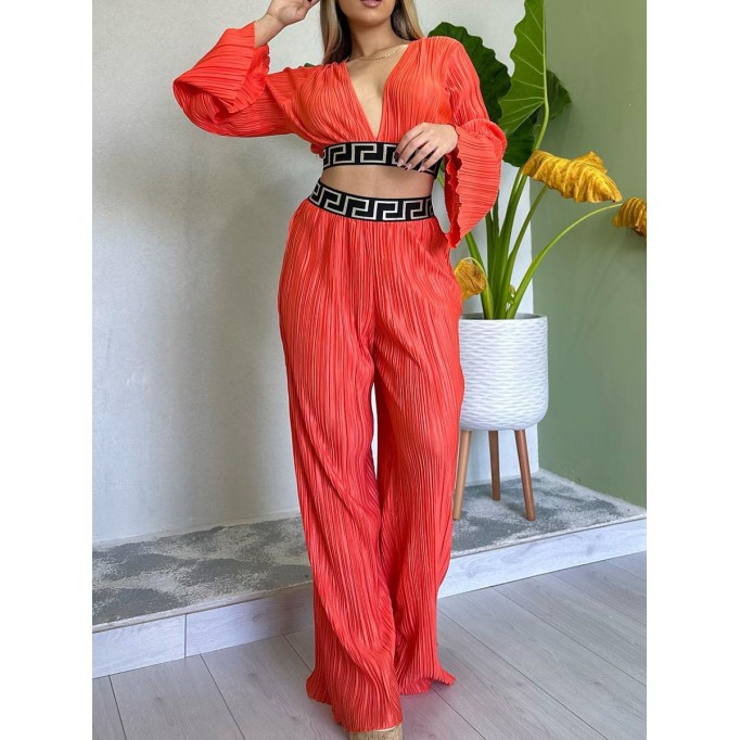 V-neck pleated flare sleeve shirt wide leg pants set