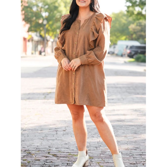 V-neck ruffled button loose fitting dress