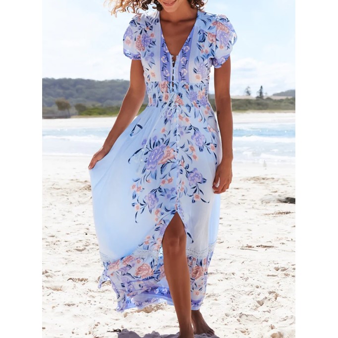 V-neck short sleeve Bohemian holiday floral slit dress