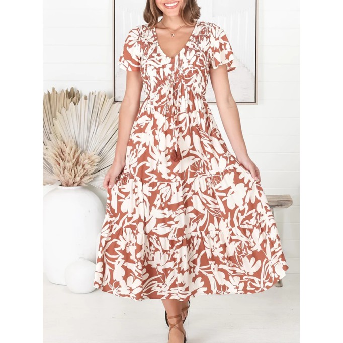 V-neck waist slimming lace print dress