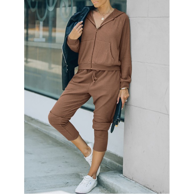 Waffle knit zippered hoodie and pants sports casual set