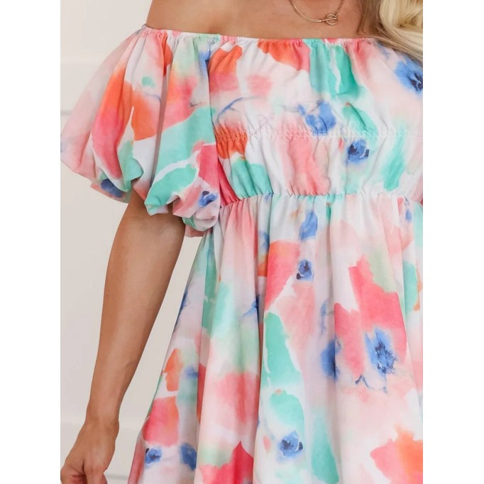 Watercolor pattern bubble sleeve dress