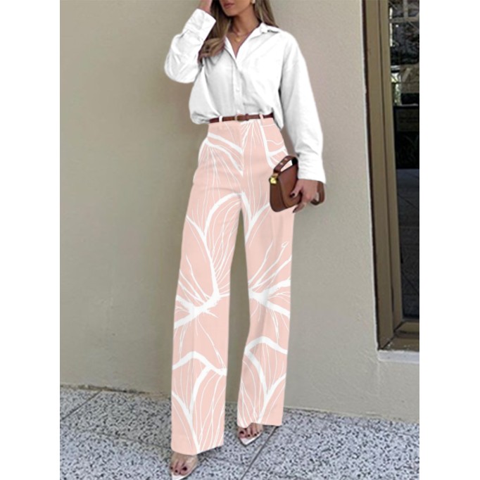 White simple elegant loose shirt + elegant printed trousers 2-piece set