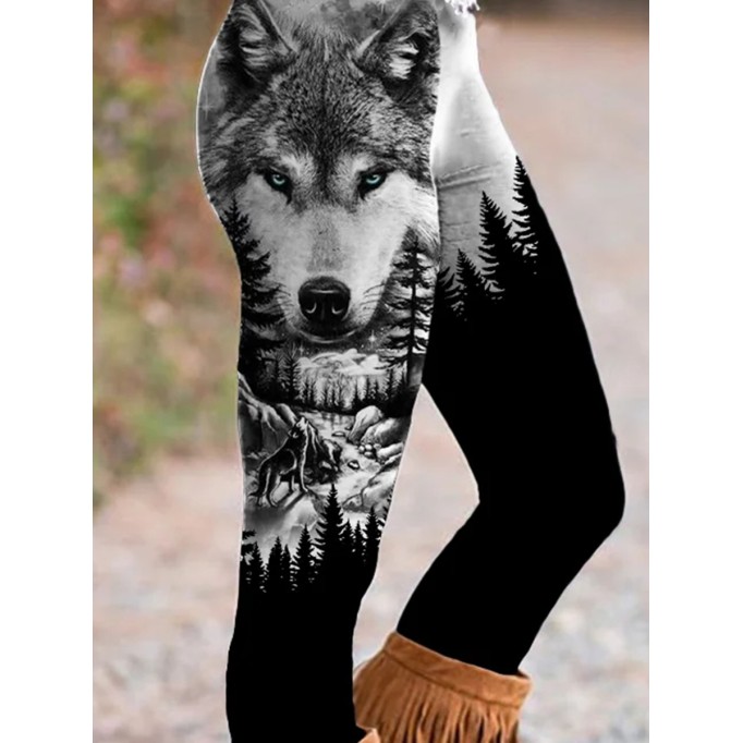 Wild Wolf Dark Forest Contrast Stretch Leggings