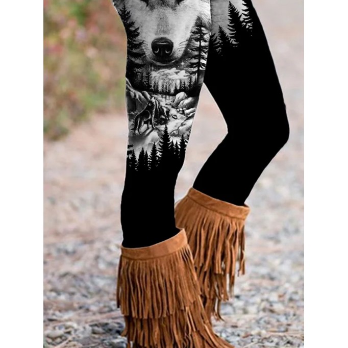 Wild Wolf Dark Forest Contrast Stretch Leggings