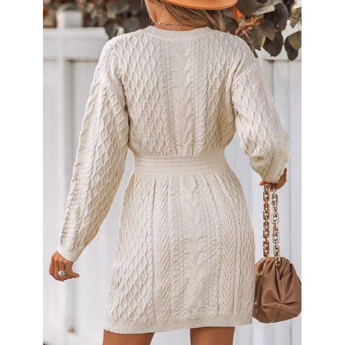 Women's Casual Cable Knit V-Neck Sweater Dress