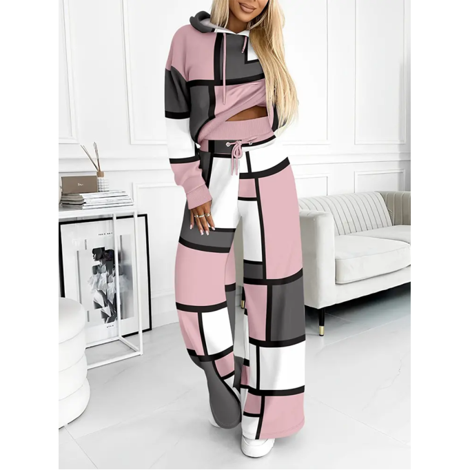 Women's Casual Colorblock Print Hoodie Two Piece Set