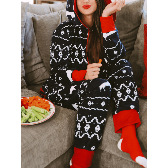 Women's Elk Print Zip Hooded Jumpsuit