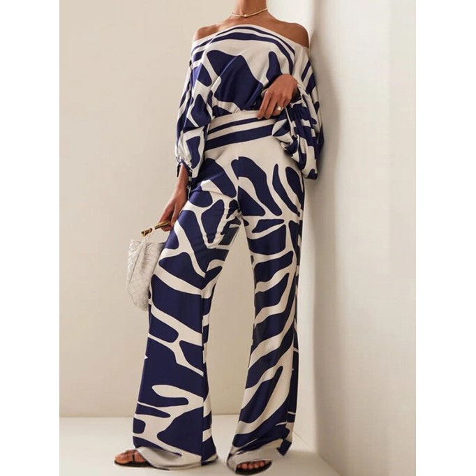 Women's Printed Casual Loose Top Long Wide Leg Pants Fashion Set