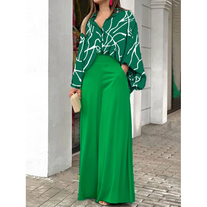 Women's Printed Shirt Temperament Elegant Wide Leg Pants Fashion Casual Suit