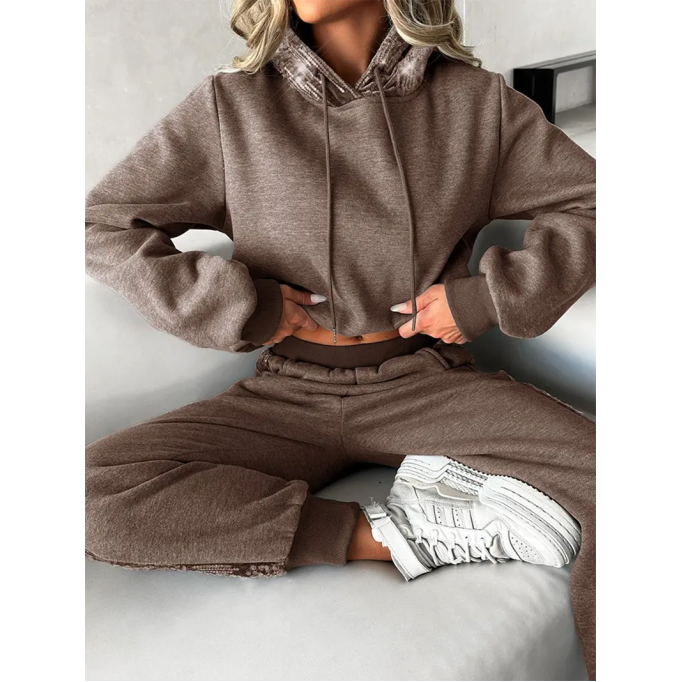 Women's Solid Color Sequin Hoodie Two Piece Set