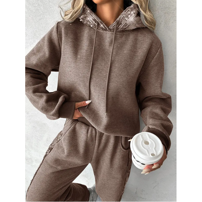 Women's Solid Color Sequin Hoodie Two Piece Set