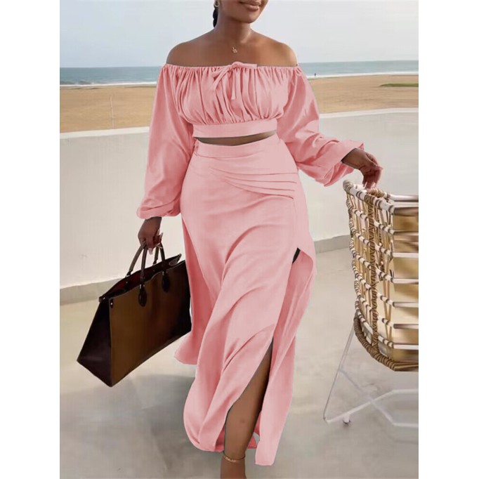 Women's Solid Color Slit Strapless Long Sleeve Top Halter Dress Set