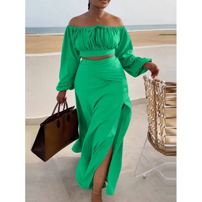 Women's Solid Color Slit Strapless Long Sleeve Top Halter Dress Set