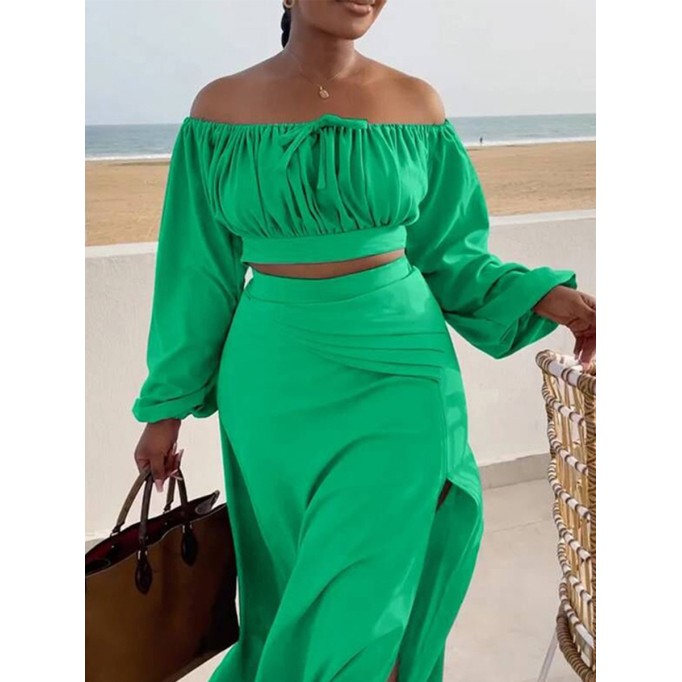 Women's Solid Color Slit Strapless Long Sleeve Top Halter Dress Set