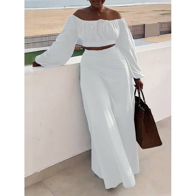 Women's Solid Color Slit Strapless Long Sleeve Top Halter Dress Set